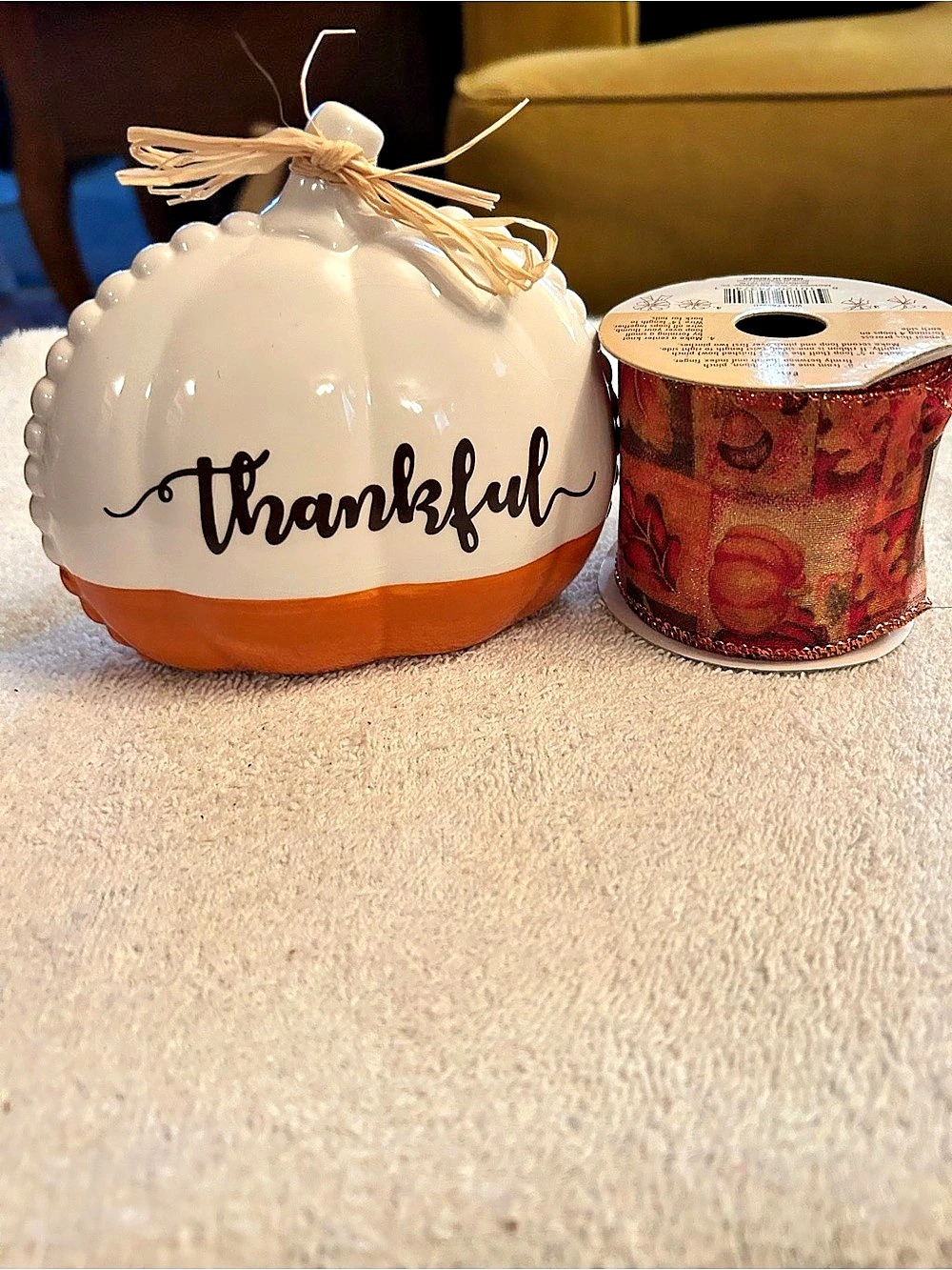 White & Orange Thankful Pumpkin Holiday Decor